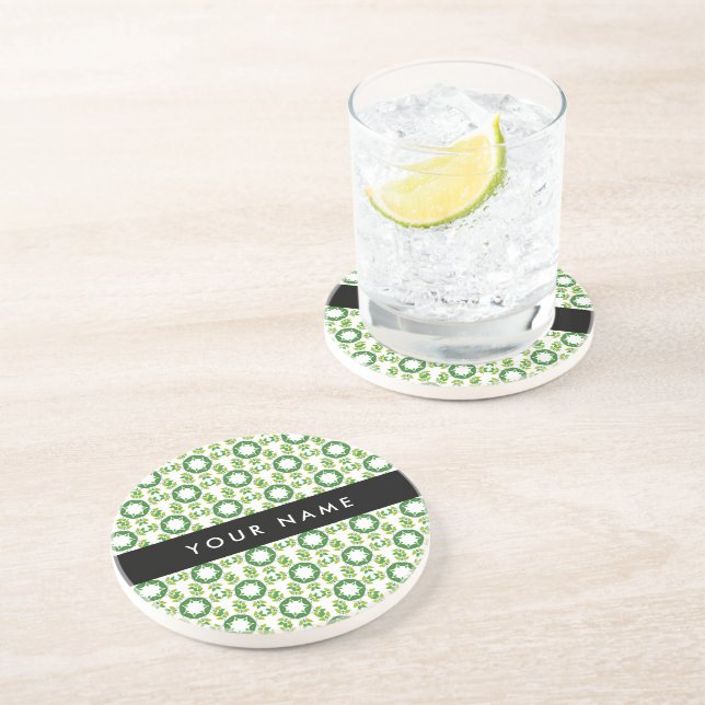 Leaf Pattern, Green Leaves, Your Name Coaster (Side)