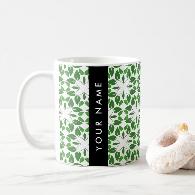 Leaf Pattern, Green Leaves, Your Name Coffee Mug (With Donut)