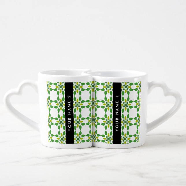 Leaf Pattern, Green Leaves, Your Name Coffee Mug Set (Back Nesting)