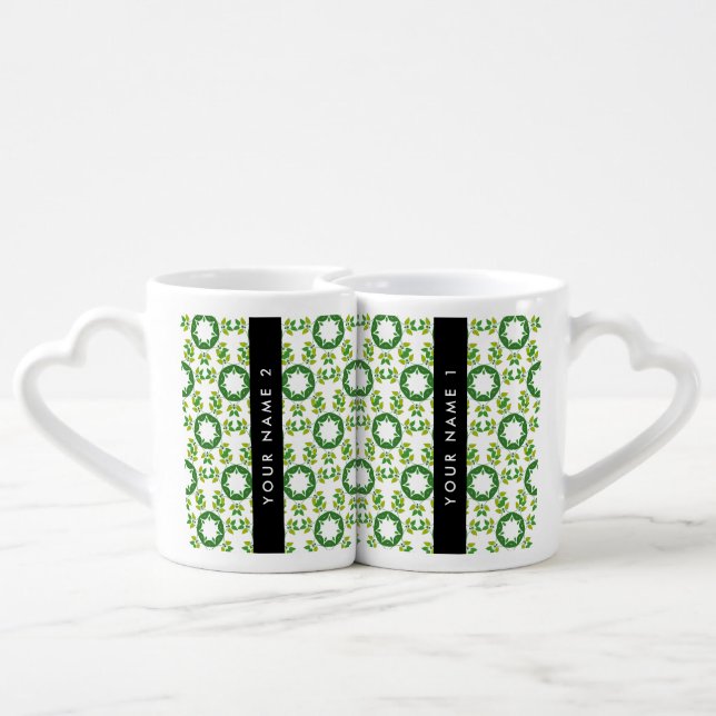 Leaf Pattern, Green Leaves, Your Name Coffee Mug Set (Back Nesting)