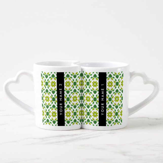 Leaf Pattern, Green Leaves, Your Name Coffee Mug Set (Back Nesting)