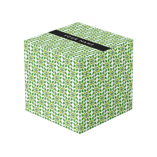 Leaf Pattern, Green Leaves, Your Name Cube (Front Angled)