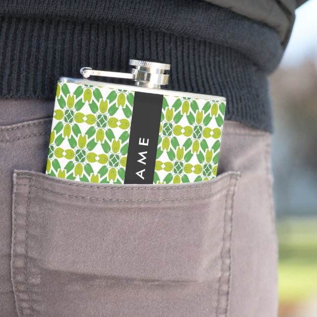 Leaf Pattern, Green Leaves, Your Name Flask (In Situ)
