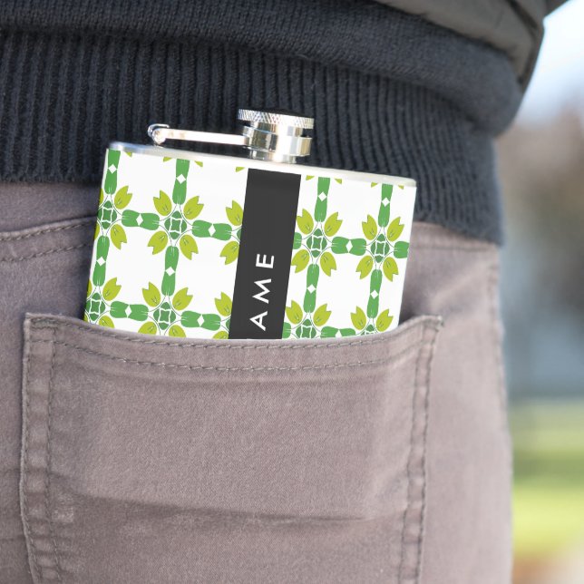 Leaf Pattern, Green Leaves, Your Name Flask (In Situ)