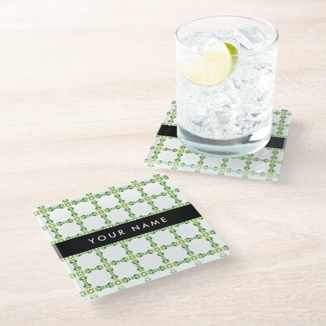 Leaf Pattern, Green Leaves, Your Name Glass Coaster (Angled)