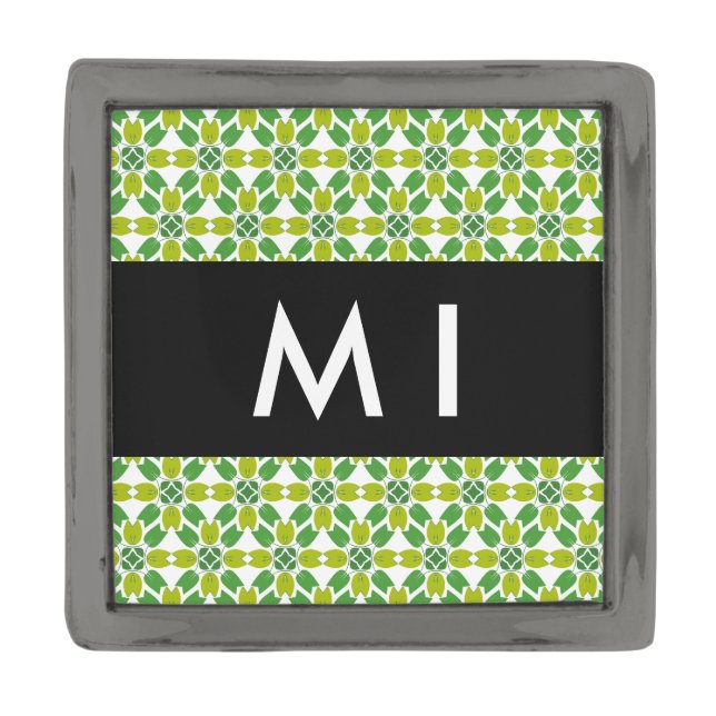 Leaf Pattern, Green Leaves, Your Name Gunmetal Finish Lapel Pin (Front)