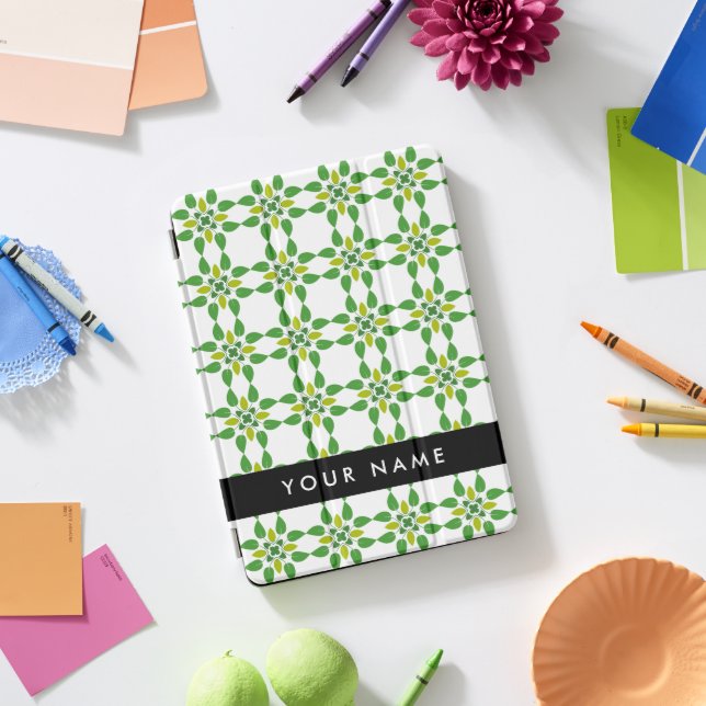 Leaf Pattern, Green Leaves, Your Name iPad Pro Cover (Desk)