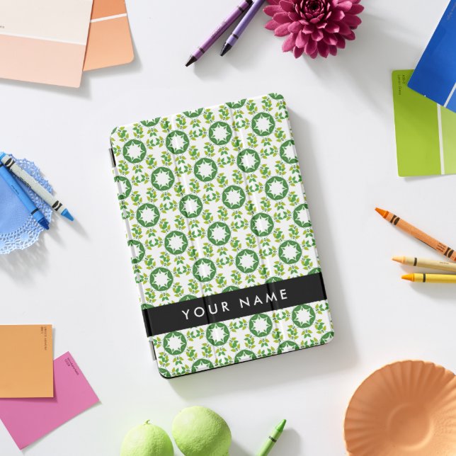 Leaf Pattern, Green Leaves, Your Name iPad Pro Cover (Desk)