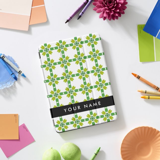 Leaf Pattern, Green Leaves, Your Name iPad Pro Cover (Desk)