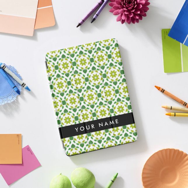 Leaf Pattern, Green Leaves, Your Name iPad Pro Cover (Desk)