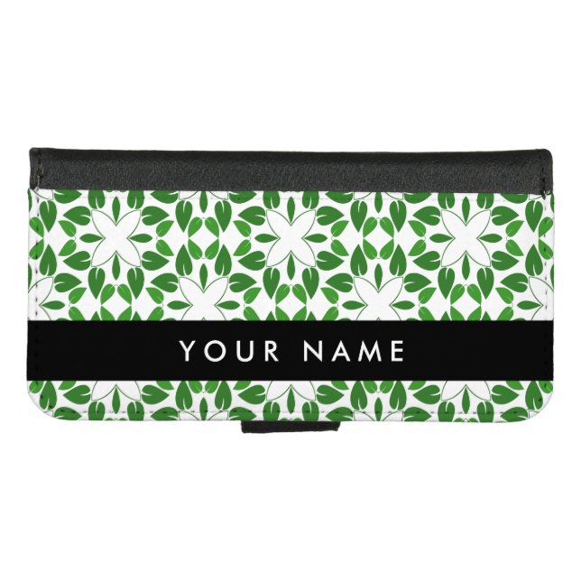 Leaf Pattern, Green Leaves, Your Name iPhone Wallet Case (Front (Horizontal))