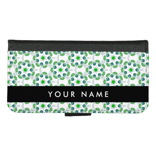 Leaf Pattern, Green Leaves, Your Name iPhone Wallet Case (Front (Horizontal))