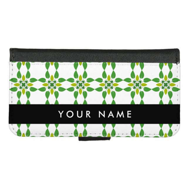 Leaf Pattern, Green Leaves, Your Name iPhone Wallet Case (Front (Horizontal))