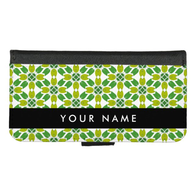 Leaf Pattern, Green Leaves, Your Name iPhone Wallet Case (Front (Horizontal))