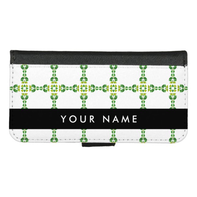 Leaf Pattern, Green Leaves, Your Name iPhone Wallet Case (Front (Horizontal))
