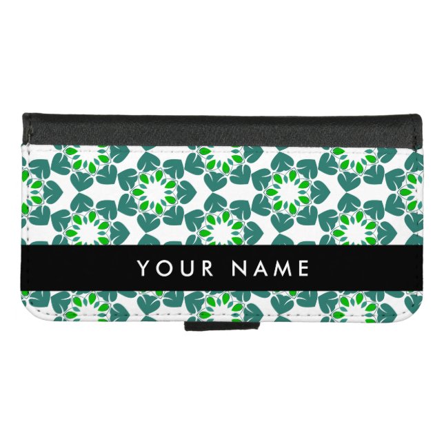 Leaf Pattern, Green Leaves, Your Name iPhone Wallet Case (Front (Horizontal))