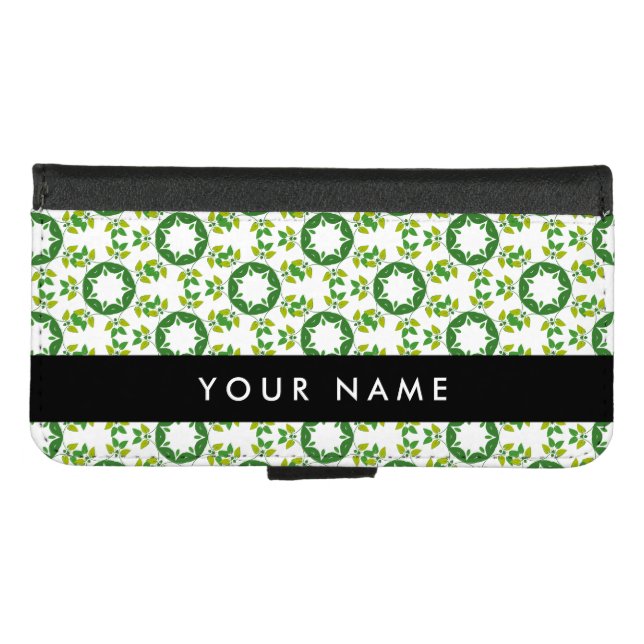 Leaf Pattern, Green Leaves, Your Name iPhone Wallet Case (Front (Horizontal))