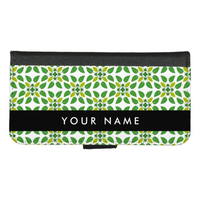 Leaf Pattern, Green Leaves, Your Name iPhone Wallet Case (Front (Horizontal))