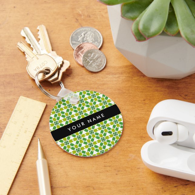 Leaf Pattern, Green Leaves, Your Name Keychain (Desk)