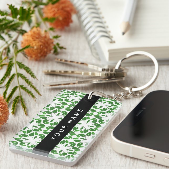 Leaf Pattern, Green Leaves, Your Name Keychain (Front Right)