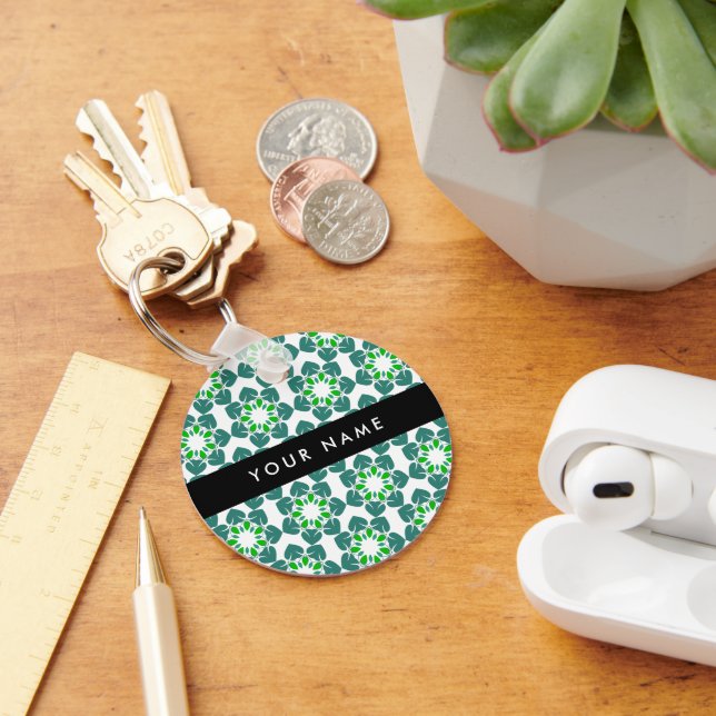 Leaf Pattern, Green Leaves, Your Name Keychain (Desk)