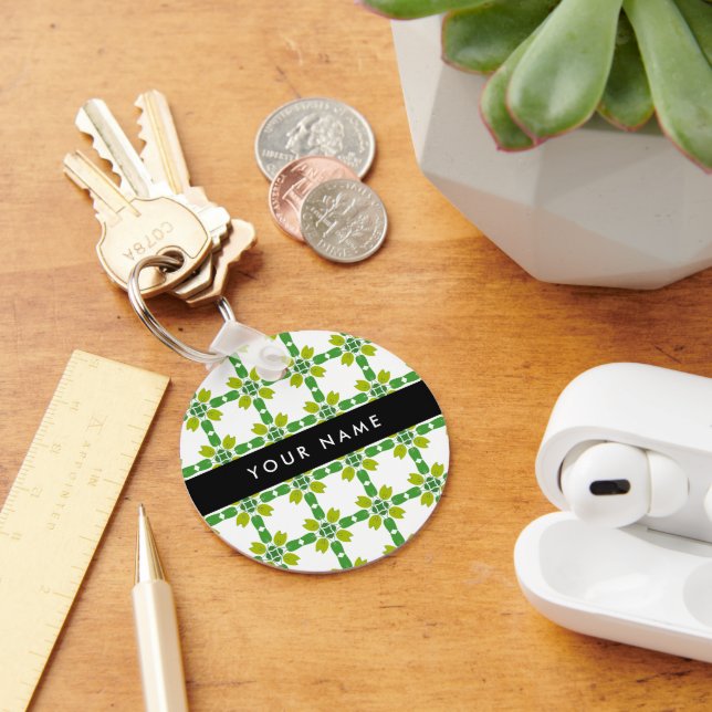 Leaf Pattern, Green Leaves, Your Name Keychain (Desk)