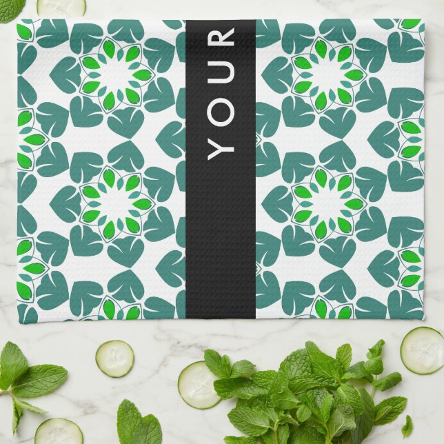 Leaf Pattern, Green Leaves, Your Name Kitchen Towel (Folded)