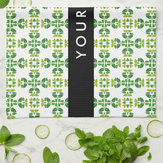 Leaf Pattern, Green Leaves, Your Name Kitchen Towel (Folded)