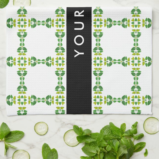 Leaf Pattern, Green Leaves, Your Name Kitchen Towel (Folded)