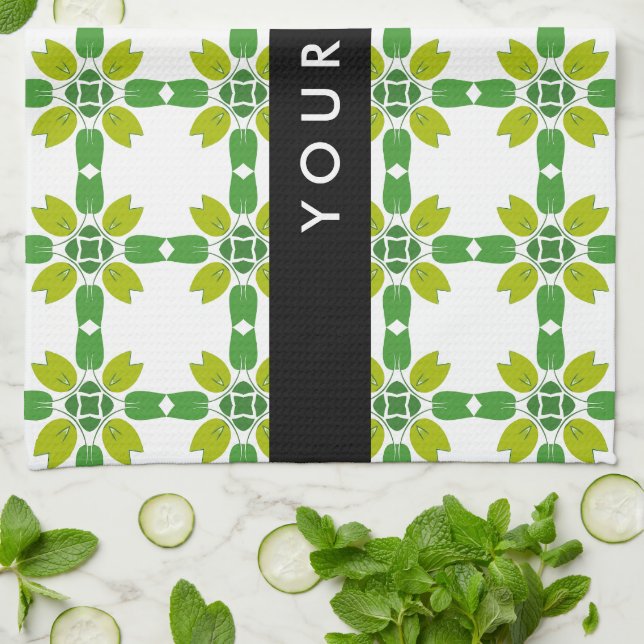 Leaf Pattern, Green Leaves, Your Name Kitchen Towel (Folded)