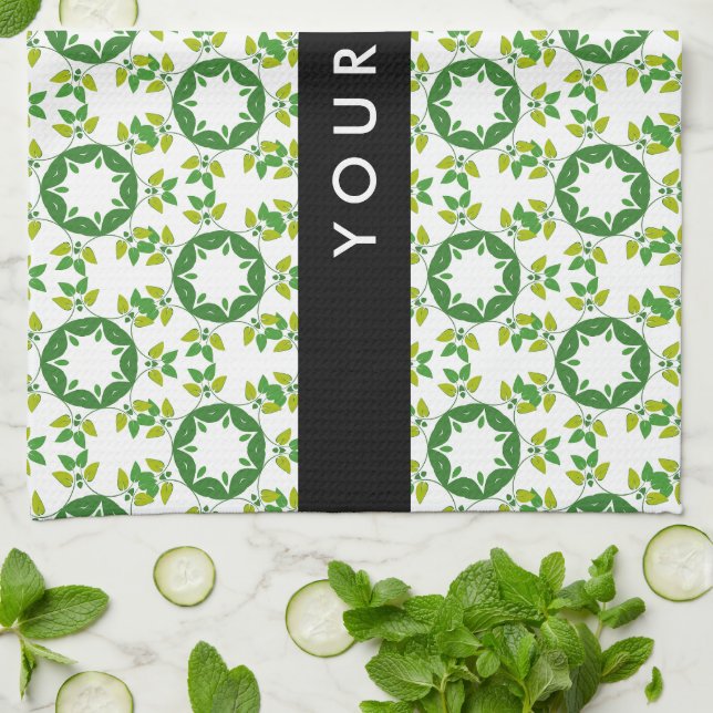 Leaf Pattern, Green Leaves, Your Name Kitchen Towel (Folded)