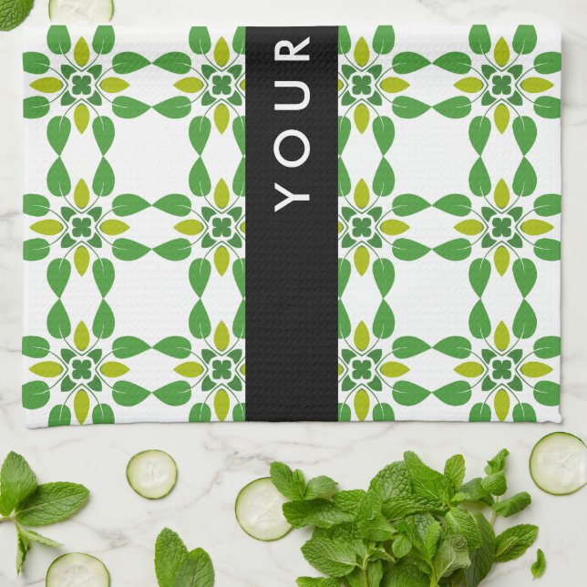 Leaf Pattern, Green Leaves, Your Name Kitchen Towel (Folded)