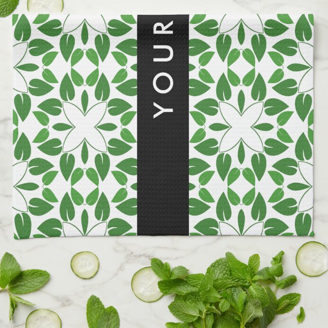 Leaf Pattern, Green Leaves, Your Name Kitchen Towel (Folded)