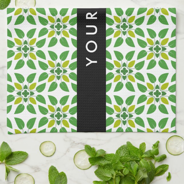 Leaf Pattern, Green Leaves, Your Name Kitchen Towel (Folded)