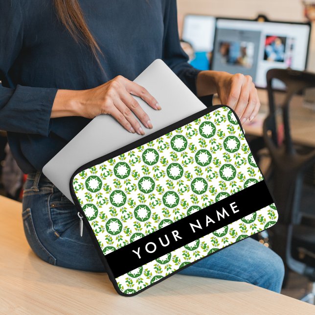 Leaf Pattern, Green Leaves, Your Name Laptop Sleeve (Creator Uploaded)