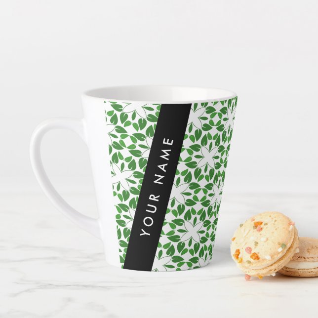 Leaf Pattern, Green Leaves, Your Name Latte Mug (In Situ)