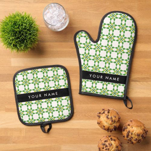 Leaf Pattern Green Leaves Your Name Oven Mitt  Pot Holder Set