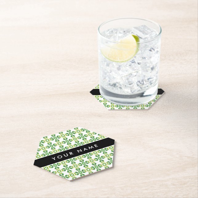 Leaf Pattern, Green Leaves, Your Name Paper Coaster (Insitu)