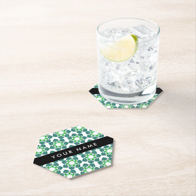 Leaf Pattern, Green Leaves, Your Name Paper Coaster (Insitu)