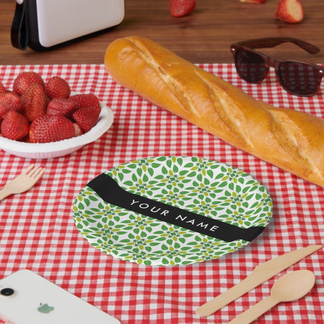 Leaf Pattern, Green Leaves, Your Name Paper Plates (Picnic)