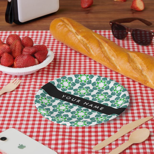 Leaf Pattern, Green Leaves, Your Name Paper Plates (Picnic)