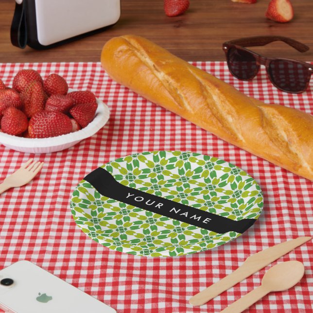 Leaf Pattern, Green Leaves, Your Name Paper Plates (Picnic)