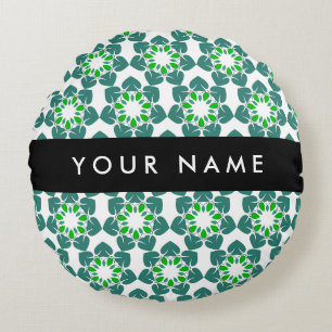 Leaf Pattern, Green Leaves, Your Name Round Pillow