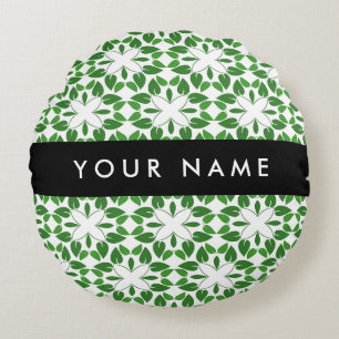 Leaf Pattern, Green Leaves, Your Name Round Pillow