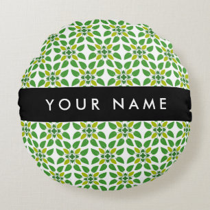 Leaf Pattern, Green Leaves, Your Name Round Pillow