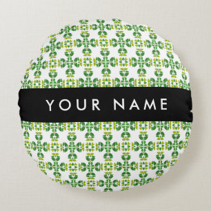 Leaf Pattern, Green Leaves, Your Name Round Pillow