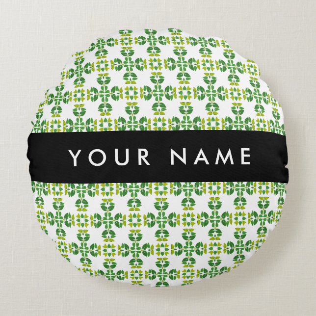 Leaf Pattern, Green Leaves, Your Name Round Pillow (Front)