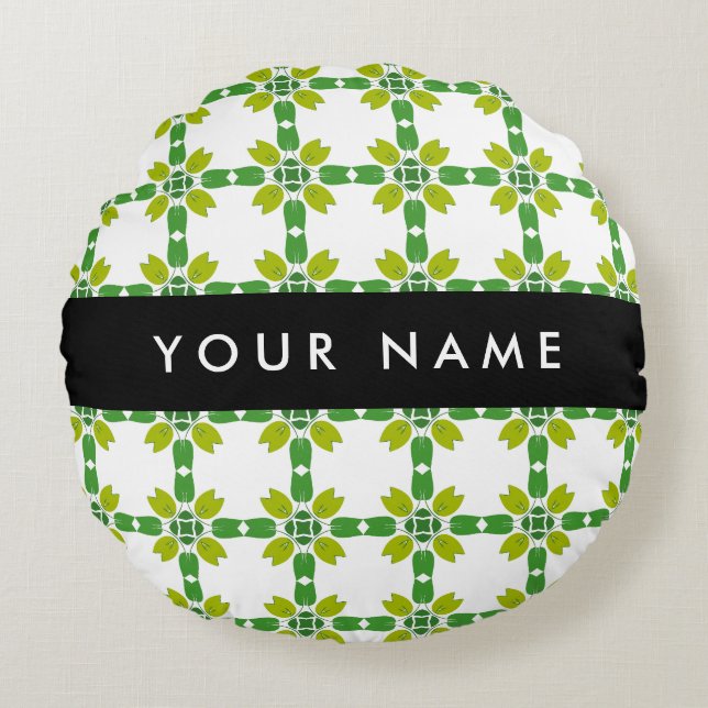 Leaf Pattern, Green Leaves, Your Name Round Pillow (Front)