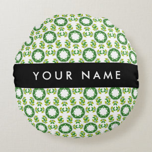 Leaf Pattern, Green Leaves, Your Name Round Pillow