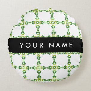 Leaf Pattern, Green Leaves, Your Name Round Pillow